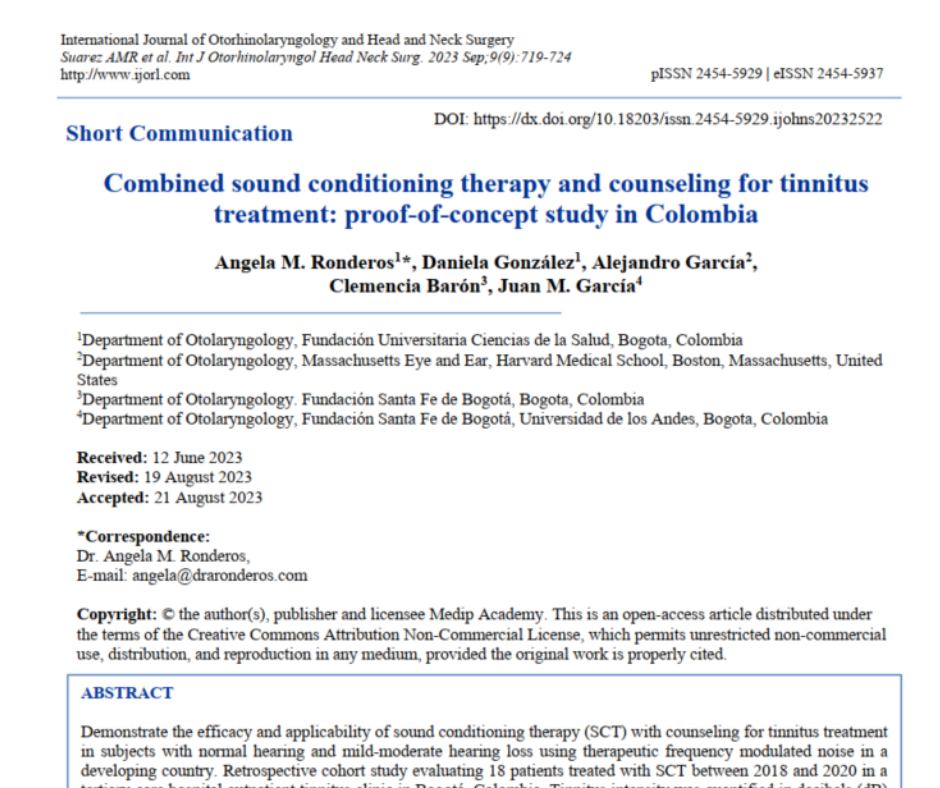 Combined sound conditioning therapy and counseling for tinnitus treatment proof-of-concept study in Colombia