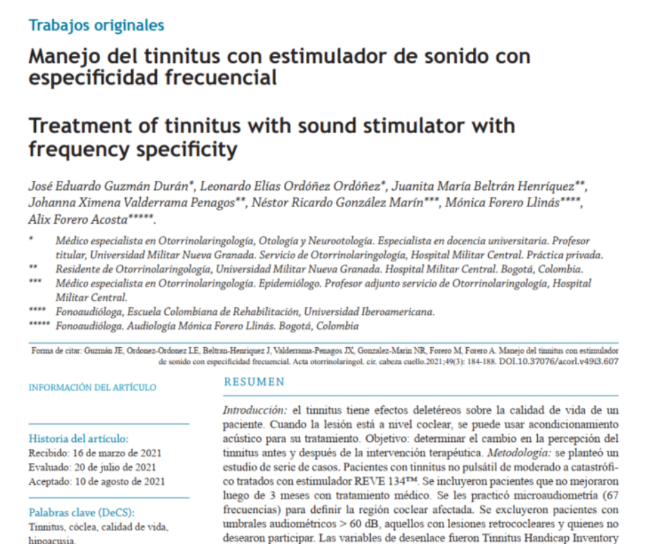 Treatment of tinnitus with sound stimulator with frequency specificity